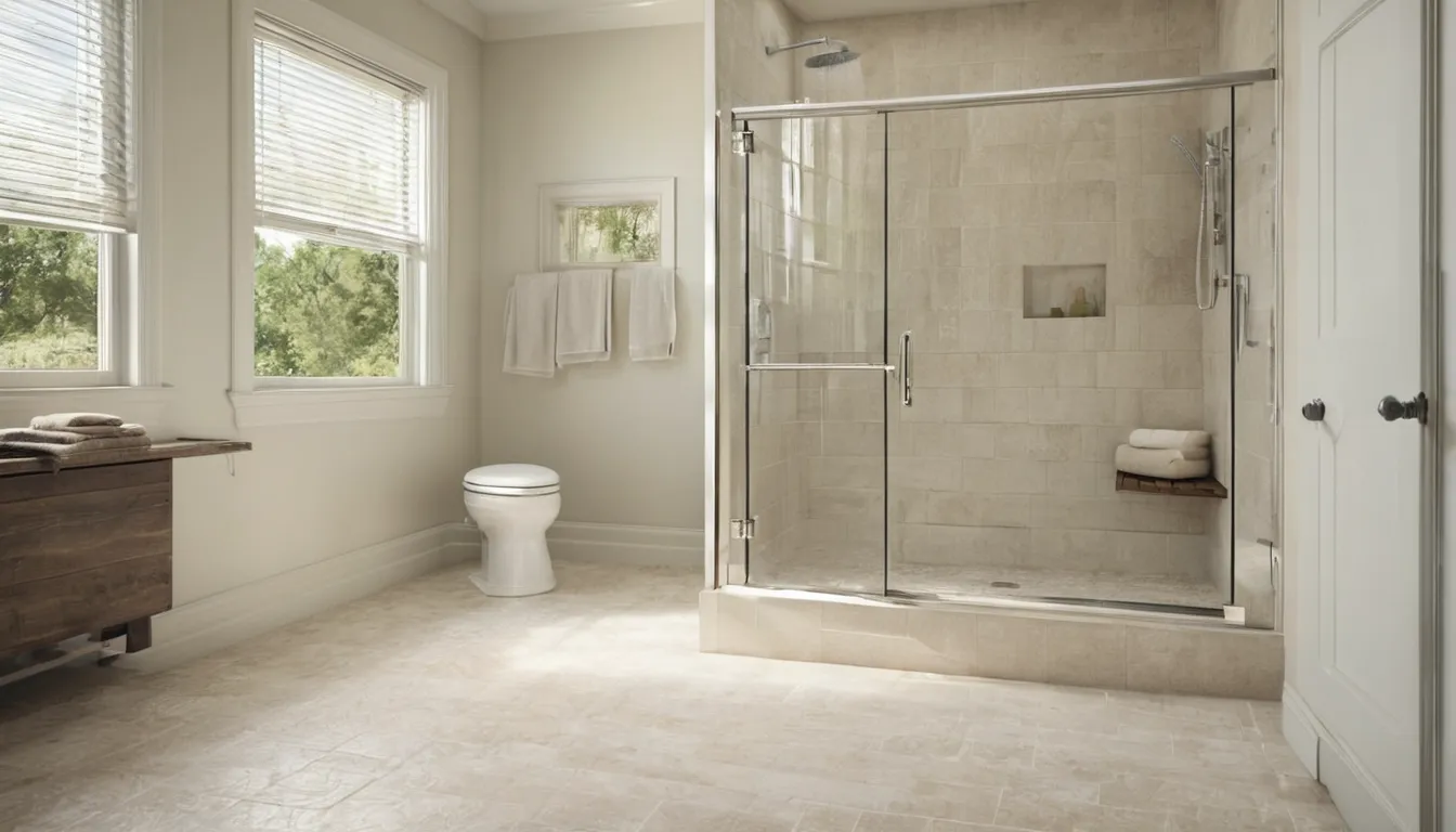 Smiling homeowner stepping into a new low-threshold walk-in shower in a Stonecrest home